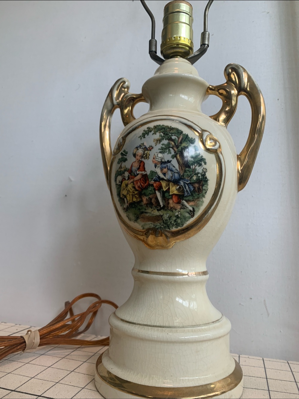 Vintage Urn Style “Courting Scene” Porcelain Table Lamp with Gilded Accents